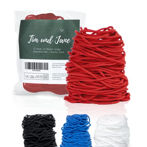 Tim und Jane® Gummiband zum Nähen, Gummikordel 3mm rund, 25m Länge, Gummilitze rot, Masken Gummiband von Tim und Jane