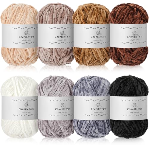 Timgle 8 Knäuel, weiches Chenille-Garn, ausgefallenes Plüsch-Deckengarn, Häkelgarn, flauschiges Samtgarn zum Stricken, Weben, Häkeln, Pullover, je 100 g, 196,85 m (graues Kamel, mehrfarbig) von Timgle