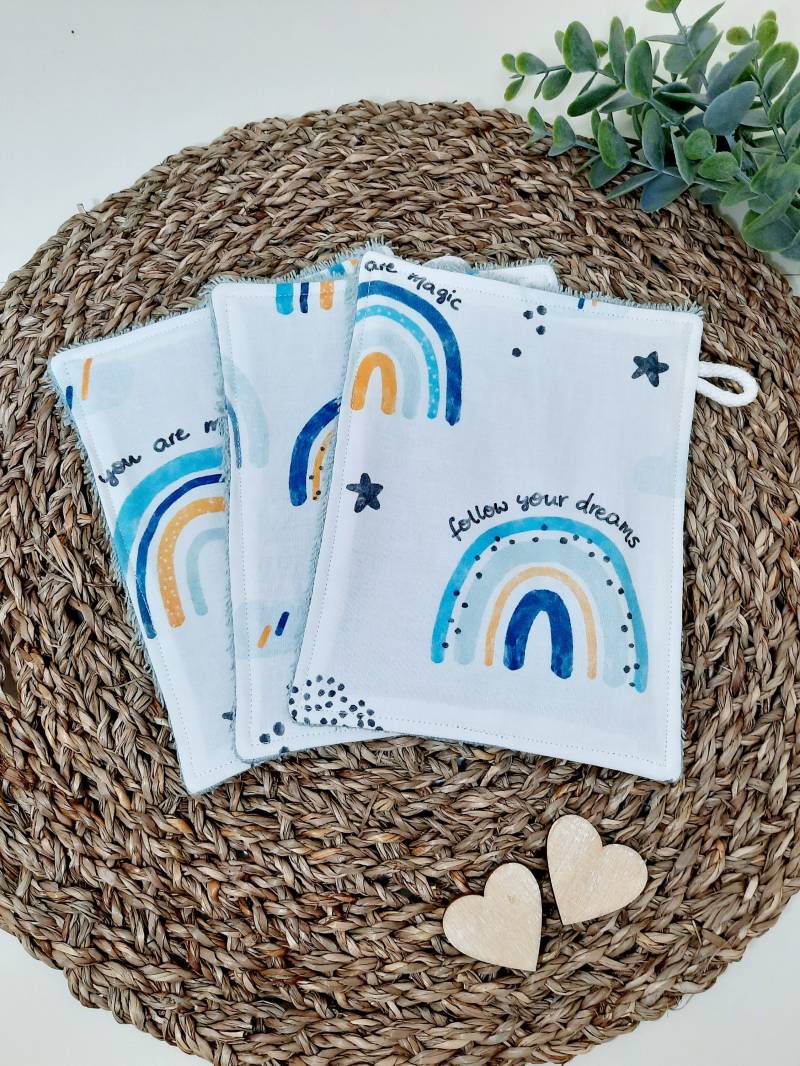 Waschlappen Set, Frotteewaschlappen, Boho Regenbogen Blau, Waschlappen, Babywaschlappen, Wieder Verwendbar Und Nachhaltig von TinasCharmelli