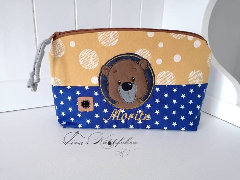 Kulturtasche /Windeltasche , Personalisierbar, Senfgelb/Blau, Teddybär, Mit Name/Taufgeschenk/Geschenk Zur Geburt von TinasKnoepfchen