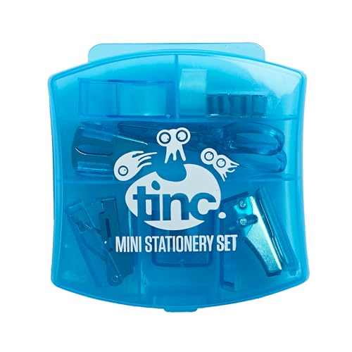 Tinc Mini-Briefpapier-Set für Kinder – Praktisches Set beinhaltet: Mini-Klebebandabroller, Schere, Hefter, Heftklammerentferner, Locher und Spitzer. 2 Farbauswahl, Blau von Tinc