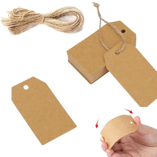 100 Stück Kraftpapier-Etiketten, Geschenk-Kraftpapier-Anhänger, Leere Kraftpapier-Etiketten, mit Bindfaden, für Weihnachtsparty-Dekorationen und DIY-Bastelarbeiten – Kraftfarbe von Tinkber