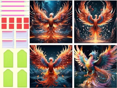 4 Pack Feuer Phönix Diamond Painting XXL 40x40cm Diamant Painting Bilder Erwachsene Diamond Art Painting mit Zubehör, Kinder Stickerei Set Diamant Kunst Malerei für Zimmer Deko Geschenk T-1254 von Tinnoon