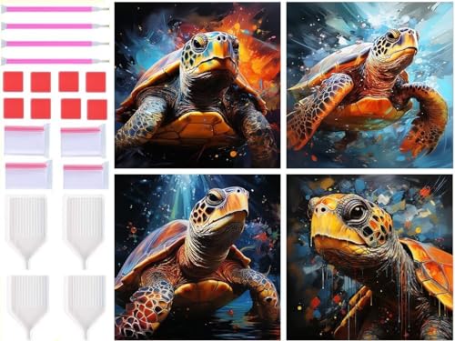 4 Pack Tierische Schildkröte Diamond Painting XXL 40x40cm Diamant Painting Bilder Erwachsene Diamond Art Painting mit Zubehör, Kinder Stickerei Set Diamant Kunst Malerei für Zimmer Deko T-8919 von Tinnoon