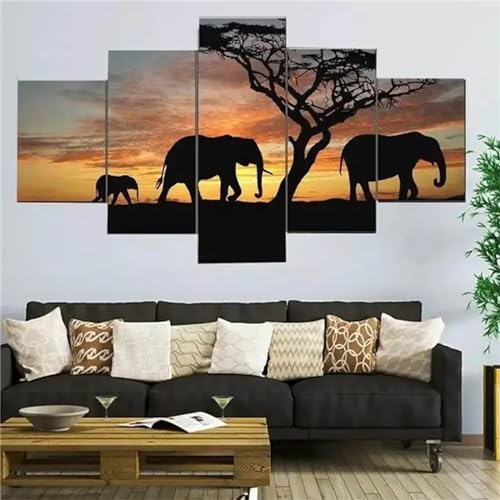 5 Stück Afrika Elefant Diamond Painting Erwachsene, 5D Diamant Painting Bilder Kinde, DIY Voll Eckige Malen Nach Zahlen Diamant Malerei Arts basteln Set mit Zubehö, für Home Wand Dekor 125x63cm N-2303 von Tinnoon