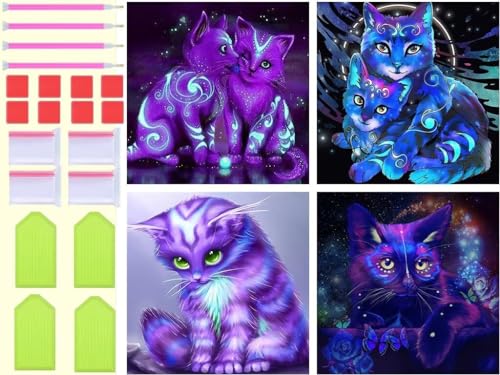 5D Diamond Painting 4er Set Diamant Painting Bilder, Sternennacht Katze Malen Nach Zahlen Bastelnset Erwachsene Stickerei Voll Kristall Art Diamant Malerei Bilder Home Wand Deko, 4Pcs 10x10cm T-4086 von Tinnoon