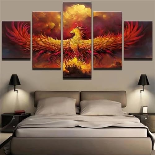 5D Diamond Painting 5 Teilig Groß XXL Feuer-Phönix Diamant Painting Bilder Basteln Erwachsene 50x25cm Diamond Art Painting, DIY Voll Diamant Malerei Stickerei Kreuzstich für Room Decor Wohnwand N-3561 von Tinnoon