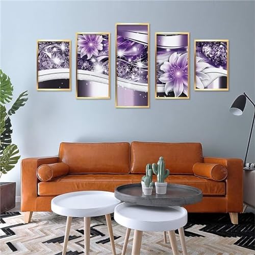 5D Diamond Painting 5 Teilig Groß XXL Lila Blume Diamant Painting Bilder Basteln Erwachsene 50x25cm Diamond Art Painting, DIY Voll Diamant Malerei Stickerei Kreuzstich für Room Decor Wohnwand N-9315 von Tinnoon