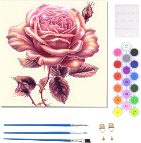 DIY Malen Nach Zahlen Erwachsene Rosa Rosen Malen Nach Zahlen Kits auf Leinwand, Handgemalt Ölgemälde Leinwand Kits zur Heimdekoration, Pinseln Acrylpigment für Geschenke und Home Deko 20x20cm U-2961 von Tinnoon