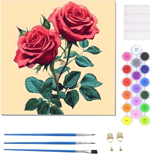 DIY Malen Nach Zahlen Erwachsene Rote Rose Malen Nach Zahlen Kits auf Leinwand, Handgemalt Ölgemälde Leinwand Kits zur Heimdekoration, Pinseln Acrylpigment für Geschenke und Home Deko 20x20cm U-3489 von Tinnoon