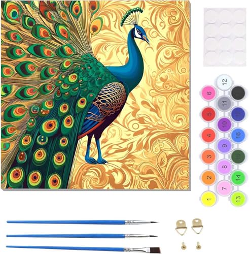 DIY Malen Nach Zahlen Erwachsene Tier Pfau Malen Nach Zahlen Kits auf Leinwand, Handgemalt Ölgemälde Leinwand Kits zur Heimdekoration, Pinseln Acrylpigment für Geschenke und Home Deko 40x40cm U-2404 von Tinnoon