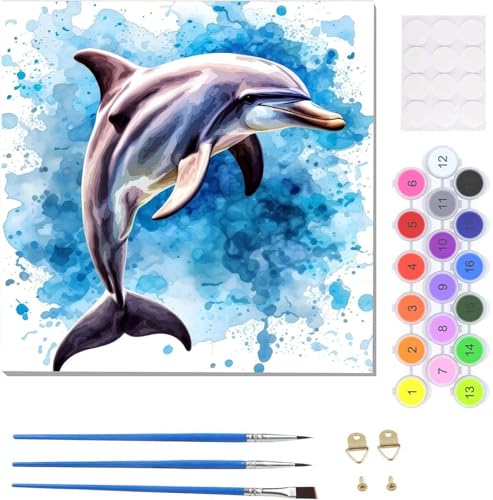 Delfin Aquarell Malen Nach Zahlen Erwachsene, Handgemalt Ölgemälde Leinwand Kits, Bastelset AnfäNger Knitterfreie Leinwand, Pinsels Und Acrylfarbe, Handgemalt öLgemäLde Kit Als Geschenk 70x70cm U-3322 von Tinnoon