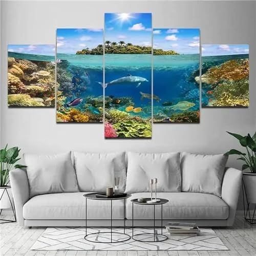 Diamond Painting 5 Teilig Groß XXL Unterwasserwelt Diamant Painting Bilder Basteln Erwachsene 150x75cm Diamond Art Painting, Voll Diamant Malerei Stickerei Kreuzstich für Room Decor Wohnwand N-2682 von Tinnoon