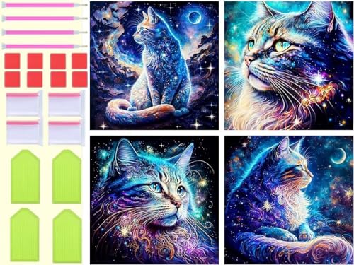 Diamond Painting Sternennacht Katze Diamant Painting Bilder 4 Stück 20x20cm, DIY 5D Diamond Painting Erwachsene Kinder Voll Eckige Diamant Malere Wohnzimmer Deko Aesthetic, Geschenke für Mama T-2869 von Tinnoon