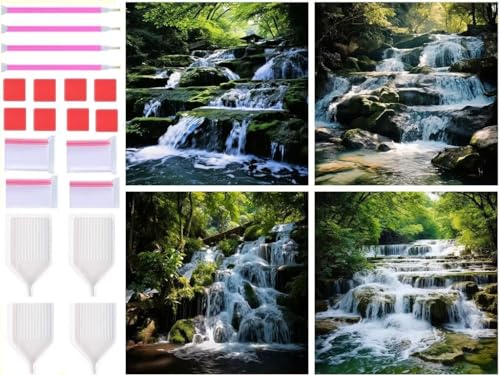 Diamond Painting Wasserfall Wald Diamant Painting Bilder 4 Stück 20x20cm, DIY 5D Diamond Painting Erwachsene Kinder Voll Eckige Diamant Malere Wohnzimmer Deko Aesthetic, Geschenke für Mama T-8749 von Tinnoon