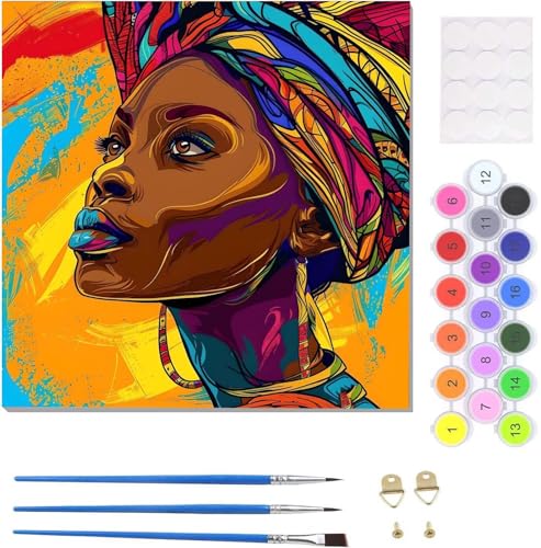 Malen Nach Zahlen Erwachsene Afrika Frau, Paint by Numbers Malen Nach Zahlen, Handgemalt Ölgemälde Kit für Anfänger Erwachsene Mit 3-Pinseln und Acrylfarbe, für Home Decor (mit Rahmen) 40x40cm U-2877 von Tinnoon