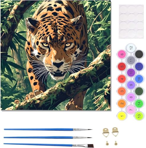 Tier Leopard Malen Nach Zahlen Erwachsene, Handgemalt Ölgemälde Leinwand Kits, Bastelset AnfäNger Knitterfreie Leinwand, Pinsels Und Acrylfarbe, Handgemalt öLgemäLde Kit Als Geschenk 30x30cm U-2160 von Tinnoon