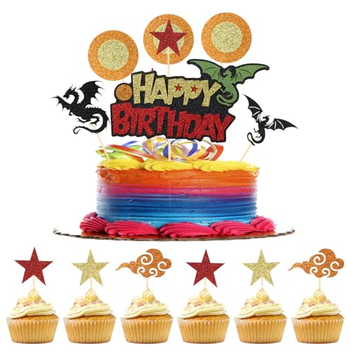 1 Stück Happy Birthday-Kuchenaufsatz + 12 Stück Cupcake-Aufsätze, Glitzer Anime-Kuchenaufsatz Dekorationen Drache Sterne Kreis Cartoon-Cupcake-Picker für Motto-Geburtstagsparty Zubehör Jungen von Tinoaly