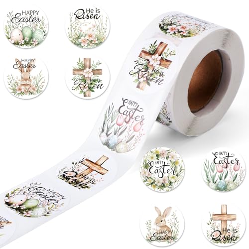 500stk Osteraufkleber, 38mm Happy Easter-Aufkleberrolle Selbstklebend Inspirierende Christliche Aufkleber Blumen Ei Kreuz Hase He is Risen-Etiketten für Kinder Geschenkdeko Partyartikel von Tinoaly