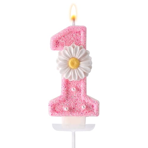 Geburtstagskerze 1 Rosa, 7,1cm Süße Gänseblümchen-Glitzerkerze zum 1 Geburtstag mit Tablett und Stab Eine Kerze für Den Ersten Geburtstag Geburtstagsparty Kuchendeko und Geschenke von Tinoaly