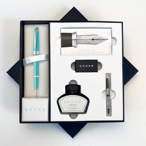 AT Cross Bailey Light Füllfederhalter, luxuriöse Geschenkbox – wählen Sie Federbreite und Farbe (Blaugrünes Füllfederhalter-Set, feine Feder) von Tinte Ink