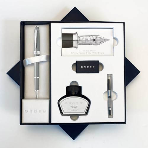 AT Cross Bailey Light Füllfederhalter, luxuriöse Geschenkbox – wählen Sie Federbreite und Farbe (graues Füllfederhalter-Set, mittlere Feder) von Tinte Ink