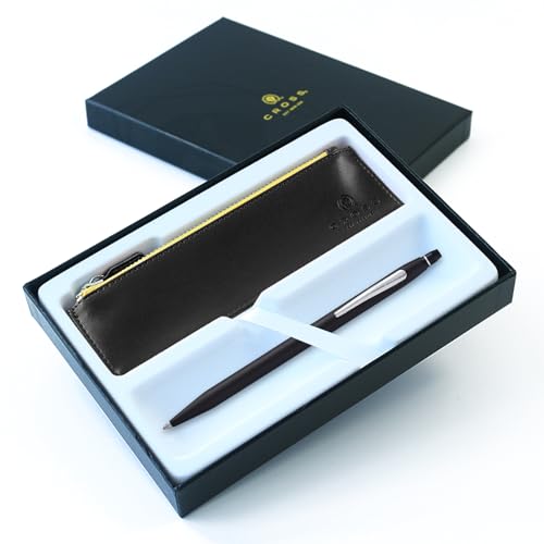 AT Cross Click Kugelschreiber in Geschenkbox mit schwarzem Etui mit Reißverschluss – Design wählen (schwarzer Lack) (ohne Gravur, schwarzer Lack mit Chromrand) von Tinte Ink