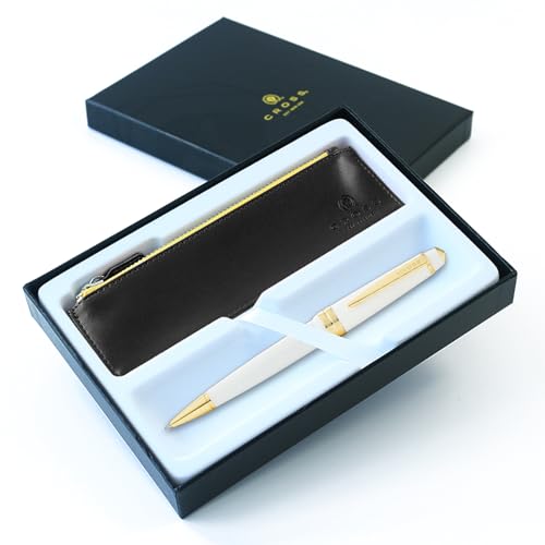 Cross Bailey Light Kugelschreiber in Weiß mit Goldrand, präsentiert in luxuriöser Geschenkbox und schwarzem Etui mit Reißverschluss von Tinte Ink