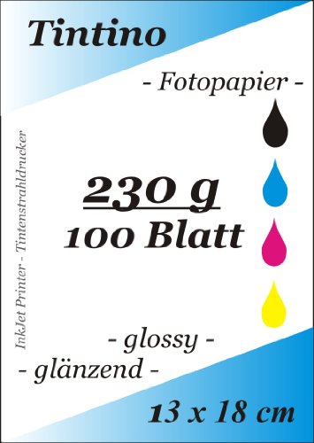 100 Blatt Fotopapier 13 x 18 cm 230g/qm high -glossy glaenzend - sofort trocken - wasserfest - hochweiß - sehr hohe Farbbrillianz fuer InkJet Drucker Tintenstrahldrucker von Tintino