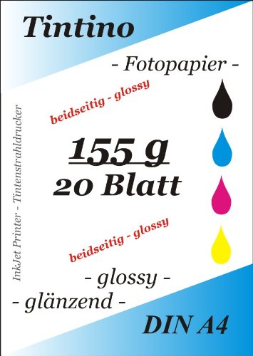 2 seitig glaenzend - double side glossy - 20 Blatt Fotopapier DIN A4 155g/qm - beidseitig glossy glaenzend bedruckbar - sofort trocken - wasserfest - hochweiß - fuer InkJet/Tintenstrahldrucker von Tintino