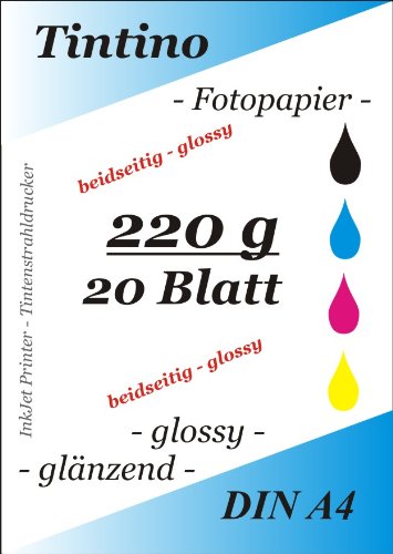 2 seitig glaenzend - double side glossy - 20 Blatt Fotopapier DIN A4 220g/qm - beidseitig glossy glaenzend bedruckbar - sofort trocken - wasserfest - hochweiß - fuer InkJet/Tintenstrahldrucker von Tintino