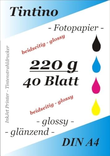 2 seitig glaenzend - double side glossy - 40 Blatt Fotopapier DIN A4 220g/qm - beidseitig glossy glaenzend bedruckbar - sofort trocken - wasserfest - fuer InkJet - Tintenstrahl Drucker von Tintino