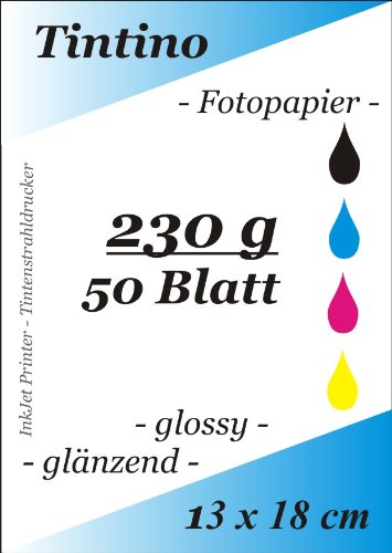 50 Blatt Fotopapier 13 x 18 cm 230g/qm high -glossy glaenzend - sofort trocken - wasserfest - hochweiß - sehr hohe Farbbrillianz fuer InkJet Drucker Tintenstrahldrucker von Tintino