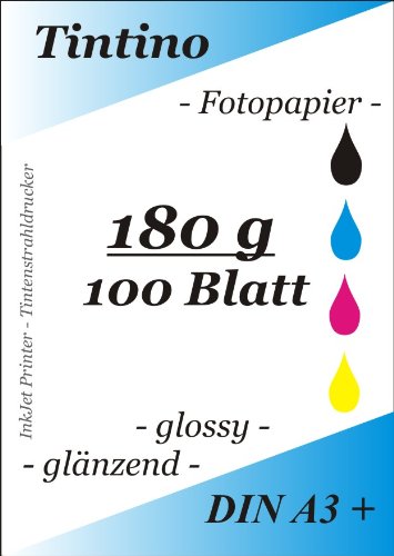 A3+ - 100 Blatt Fotopapier DIN - A 3 + - 180g/qm - 480 x 330 mm - glossy glaenzend - sofort trocken - wasserfest - hochweiß - sehr hohe Farbbrillianz fuer InkJet Drucker Tintenstrahldrucker von Tintino