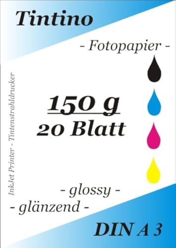 A3-20 Blatt Fotopapier Photopapier DIN - A 3-150g/qm - glossy glaenzend - sofort trocken - wasserfest - hochweiß - sehr hohe Farbbrillianz fuer InkJet Drucker Tintenstrahldrucker von Tintino