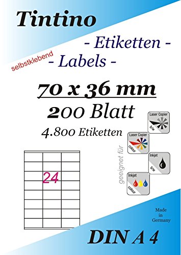 Etiketten 70 x 36-24 Stueck auf A4-200 Blatt DIN A4 selbstklebende Etiketten Internetmarke DHL Post 3475 3490 von Tintino