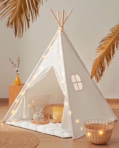 Tiny Land Tipi Zelt für Kinder, Drinnen Tipi Spielzelt für Kinder mit Gepolsterter Decke & Lichterkette &Aufbewahrungstasche, Segeltuch Kinderzelt, Spielhaus Kinder für Drinnen und Draussen von Tiny Land