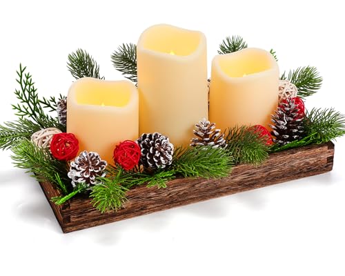 Tioncy Weihnachtliche Tischdekoration, Blumenarrangements, rustikale Holzbox, Tablett mit verschiedenen künstlichen Weihnachts-Plektren, Zapfen, Kerzen, Rattan-Kugeln für Weihnachten, Urlaub, von Tioncy