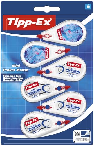 BIC Tipp-Ex Mini Pocket Mouse Korrekturroller - 6 m x 5 mm, 6er Pack: 4 x neutral + 2 x dekoratives Hydro Dipping Design von Tipp-Ex