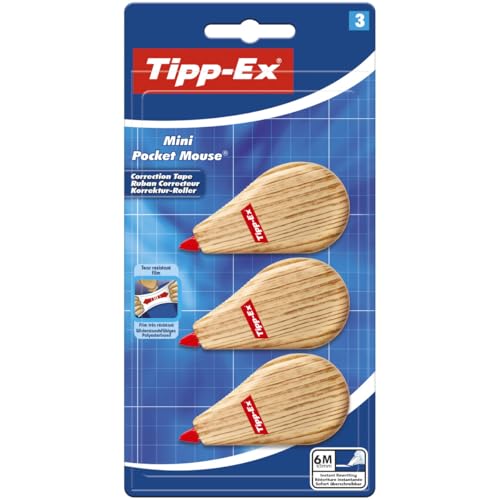 Tipp-Ex Korrekturband Mini Pocket Mouse, optimal für Schulmaterialien, 6 m x 5 mm, 3 Stück, Holzfarben von Tipp-Ex