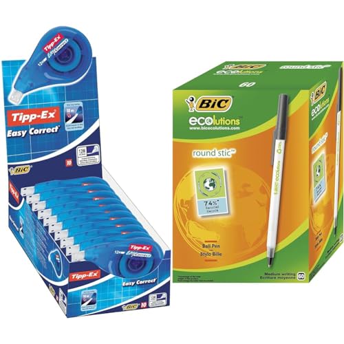 Tipp-Ex Korrekturroller Easy Correct zum seitlichen Korrigieren & BIC Kugelschreiber ECOlutions Round Stic von Tipp-Ex