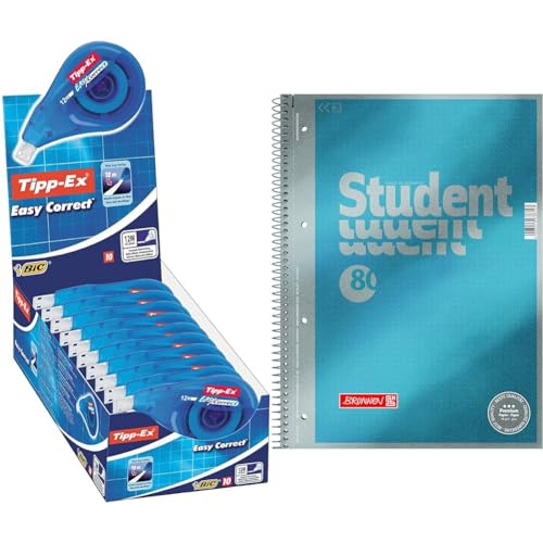 Tipp-Ex Korrekturroller Easy Correct zum seitlichen Korrigieren & Brunnen 1067147 Notizblock/Collegeblock Dotted Premium Deckblatt, 5 Stück cyan-metallic von Tipp-Ex