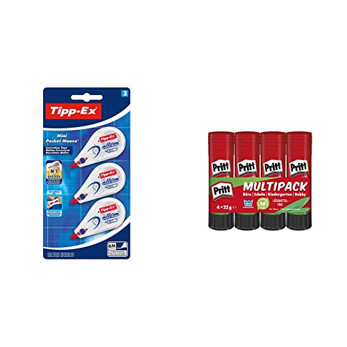 Tipp-Ex Korrekturroller Mini Pocket Mouse, 6m x 5mm, 3er Pack & Pritt Klebestift, sicherer und kinderfreundlicher Kleber für Kunst und Bastelarbeiten, starker Klebstoff für Schule & Bürobedarf, 4x22g von Tipp-Ex