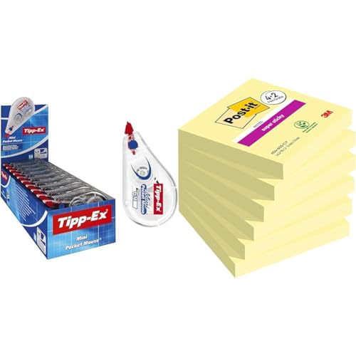 Tipp-Ex Korrekturroller Mini Pocket Mouse, 6m x 5mm & Post-it Super Sticky Notes Kanariengelb, Packung mit 6 Blöcken, 90 Blatt pro Block von Tipp-Ex