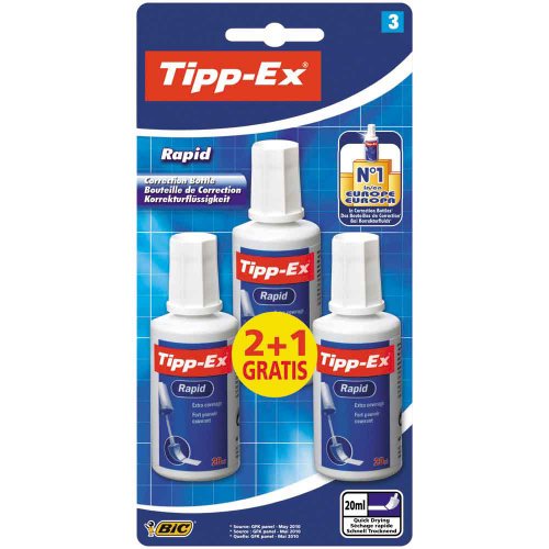 Tipp-Ex Rapid, Korrekturflüssigkeit, hochwertige Korrekturflüssigkeit, hervorragende Deckkraft, 20 ml, 3 Stück, weiß von BIC