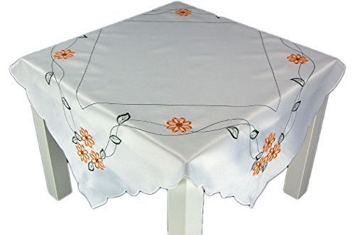 Klassische preiswerte Tischdecke 85x85 cm eckig Champagner Stickerei Blumen Orange Pflegeleichte Mitteldecke Frühling Sommer (Blumen Orange Grün) von Tischdecken ALLZEIT klassisch