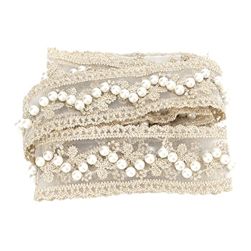 Tissting Vintage Spitzenband, 2 Yards Besticktes Spitzenband Perlenband, Perlenband Rolle, für DIY Kleidung, Kleider, Hochzeit Mittelstücke, Brautsträuße, Hochzeit Kränze, Perlen Vorhänge(Beige) von Tissting