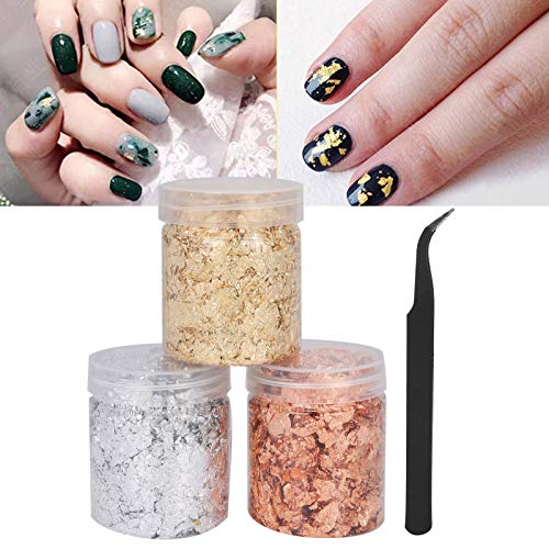 Goldfolie Flocken mit Einer Pinzette und Pinsel, 3pcs Nachahmung Goldfolie Flocken Glitter Nagel Kupfer Blatt DIY Maniküre Silberfolie Pap für Nail Art, Malerei, Kunsthandwerk Schmuck Machen von Tissting