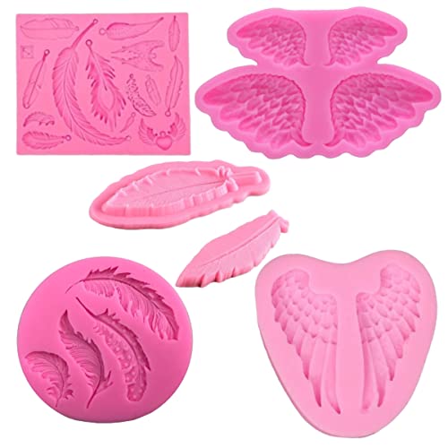 Federn Fondant Silikonform, Tiuxiu 5 Stück Silicon Fondant Moulds Feather 3D Silikon Backform (Angel Wings) für Fondant, Schokolade Kuchen Form Dekorieren von Tiuxiu