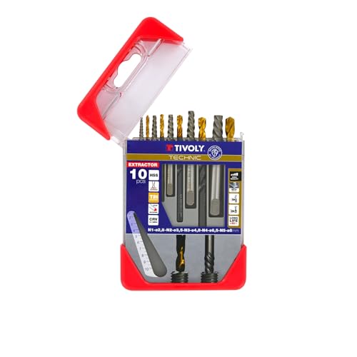 TIVOLY - Set aus Bohrern und Ausdrehern für abgebrochene Schrauben + HSS-Bohrer mit TiN-Beschichtung - Set mit 5 Bohrern und 5 Ausdrehern N1 Ø 2,5 mm/N2 Ø 3,2 mm/N3 Ø 4,8 mm/N4 Ø 6,5 mm/N5 Ø 8 mm von Tivoly